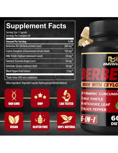 Suplemento de Berberina HCl BMVINVOL - 60 Cápsulas 6 en 1
