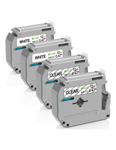 Cinta de Etiqueta Buyalot 12mm Negro sobre Blanco y Transparente - Paquete de 4