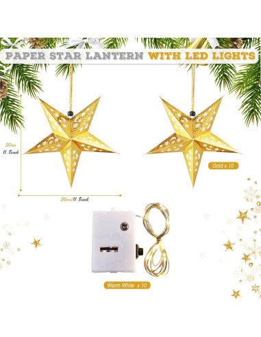 10 Lámparas de Estrella de Papel 3D Zhanmai 30 cm con LED