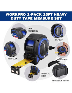 Cinta Métrica WORKPRO 3m, 2Pcs Cinta de Medición Robusta 2