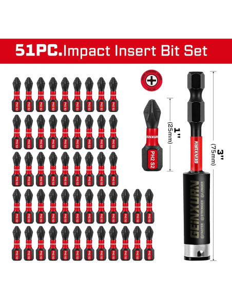 Set 51 Puntas Destornillador PH2 Geinxurn Anti-deslizante