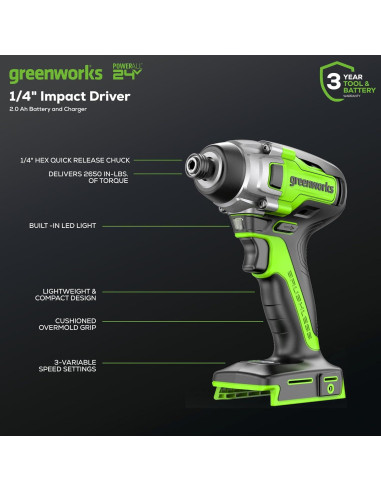 Destornillador de Impacto Greenworks 24V 2650 Nm 3 Velocidades