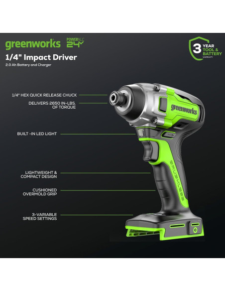 Destornillador de Impacto Greenworks 24V 2650 Nm 3 Velocidades