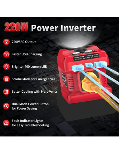 Inversor de Potencia 220W Kzreect DC 18V a AC 110V USB-C
