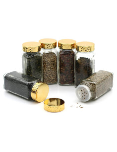 6 Tarros de Especias Cuadrados de Vidrio 4 oz con Tapas Doradas