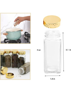 6 Tarros de Especias Cuadrados de Vidrio 4 oz con Tapas Doradas 2