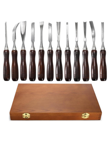 Juego de 12 Cinceles de Tallado Covzoe con Caja de Madera
