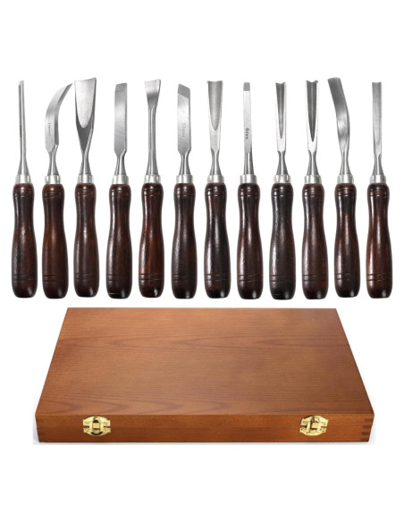 Juego de 12 Cinceles de Tallado Covzoe con Caja de Madera