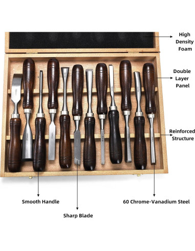 Juego de 12 Cinceles de Tallado Covzoe con Caja de Madera