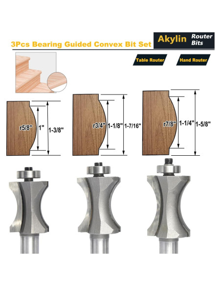 Juego de 3 Fresas de Bisel Convexo Ovalado Akylin 1,27cm