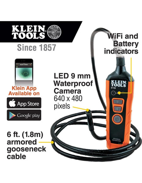 Borescope Klein Tools ET20 WiFi 9 mm 1.8 m Impermeable