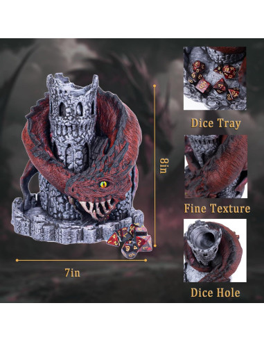 Torre de Dados D&D Dragón Rojo con 7 Dados Poliedricos