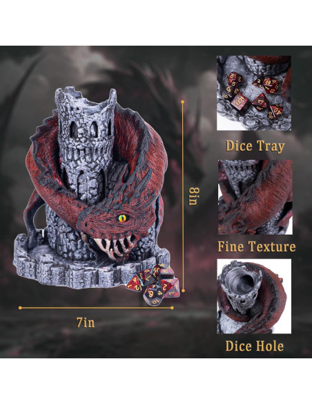 Torre de Dados D&D Dragón Rojo con 7 Dados Poliedricos