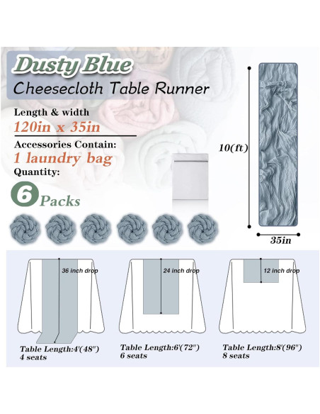 Caminito de Mesa Boho Azul Polvoriento 120" - 6 Piezas