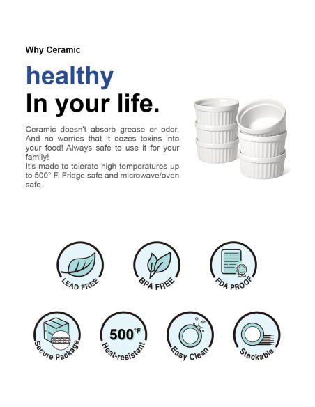 Ramekins de Cerámica LE TAUCI 4 oz Juego de 6 Blanco