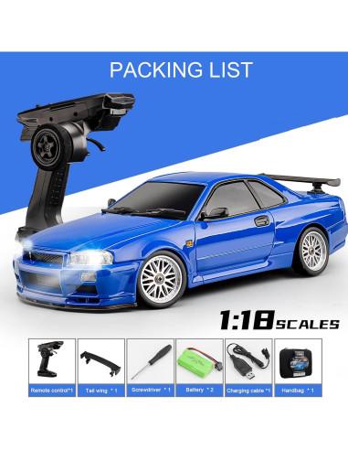 Coche RC Drift GTR R34 1:18 Moonzeamus Azul