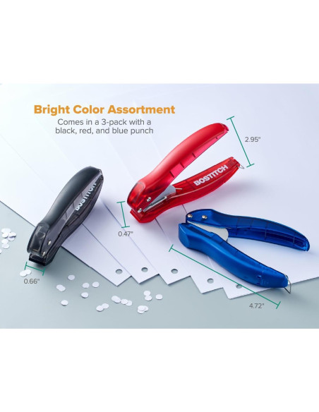 Perforadora Bostitch EZ Squeeze 1 Agujero - Paquete de 3, 10 Hojas