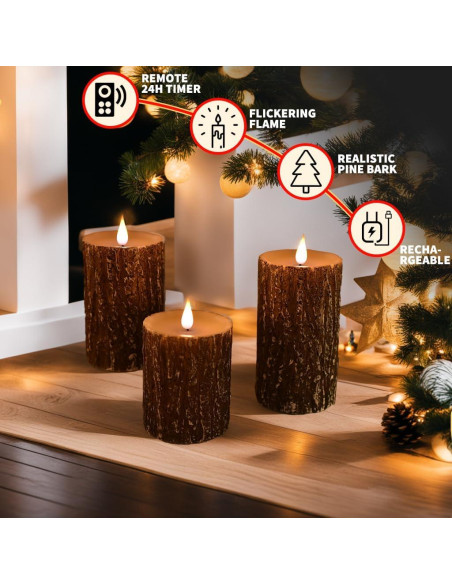 Vela LED Niceme Recargable 3 Piezas Corteza de Pino
