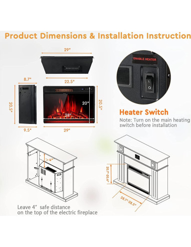 Chimenea Eléctrica ARLIME 71 cm con Control Remoto y Termostato
