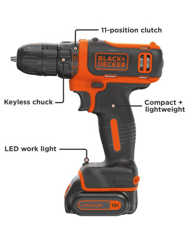 Taladro Inalámbrico BLACK+DECKER 12V MAX con Batería y Cargador