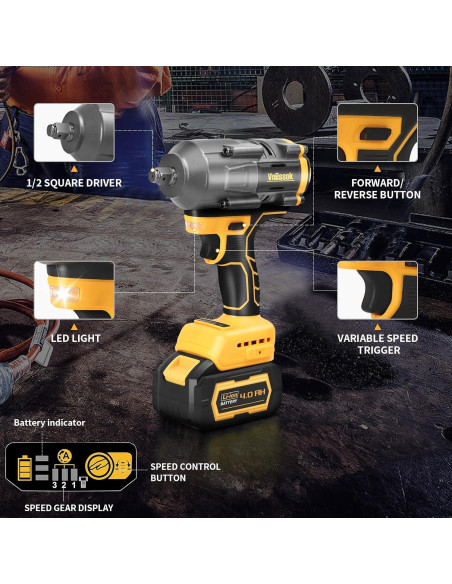 Llave de Impacto Inalámbrica 1/2" Vniissok 1200N.m 20V LED