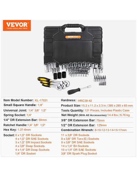 VEVOR Kit de Herramientas Mecánicas 121 Piezas Acero Aleado