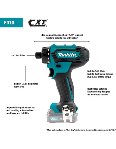 Destornillador Hexagonal Inalámbrico Makita FD10R1 12V Kit con Linterna