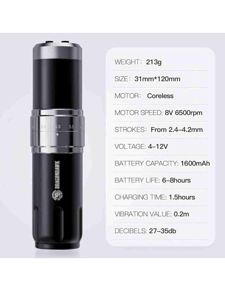 Máquina de Tatuaje Inalámbrica Dragonhawk YZBTD con 2 Baterías