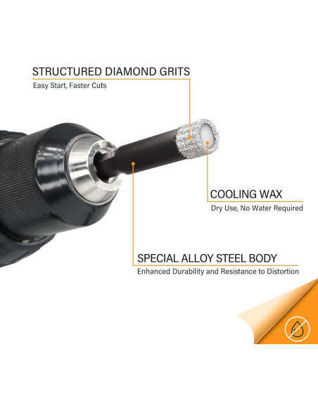 Broca de Núcleo Diamante 12.7mm ToolTrek para Cerámica y Granito Broca de Núcleo Diamante 12.7mm ToolTrek para Cerámica y Granito