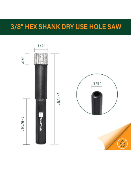 Broca de Núcleo Diamante 12.7mm ToolTrek para Cerámica y Granito Broca de Núcleo Diamante 12.7mm ToolTrek para Cerámica y Granito