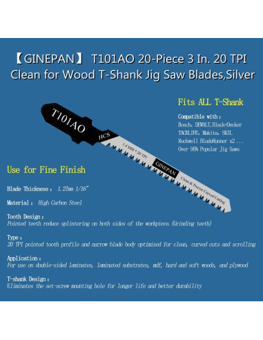 Cuchillas de sierra de calar T Shank GINEPAN T101AO 20PCS