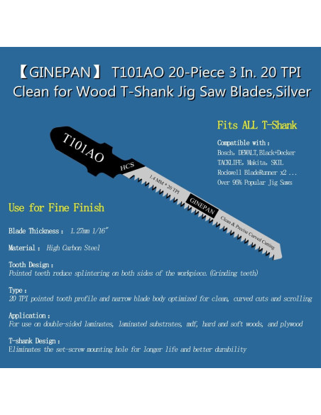 Cuchillas de sierra de calar T Shank GINEPAN T101AO 20PCS