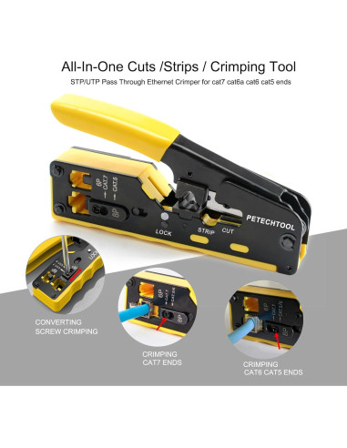 Crimpador RJ45 PETECHTOOL Cat7 Cat6 Cat5 con 50 Conectores