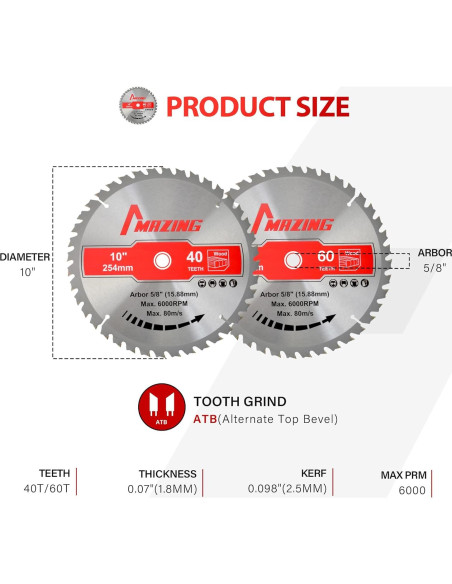 Cuchillas de Sierra Circular MAZING 10" 40T y 60T - 2 Piezas