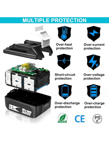 2 Baterías de Reemplazo 6000mAh 18V Makita BL1860B BL1850B