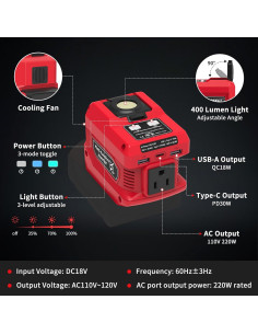 Inversor de Potencia 220W Kzreect DC 18V a AC 110V con USB 2