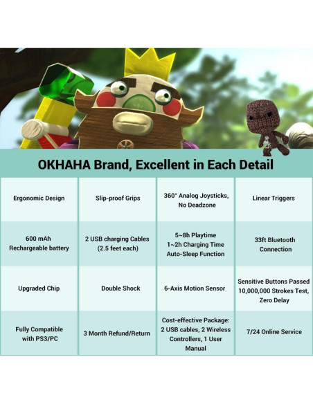 Controlador Inalámbrico OKHAHA para PS3 Doble Shock 3 Negro