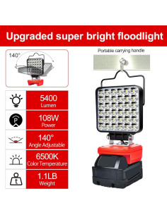 Luz de trabajo LED portátil WQOXF 108W 5400LM para Milwaukee M18 2