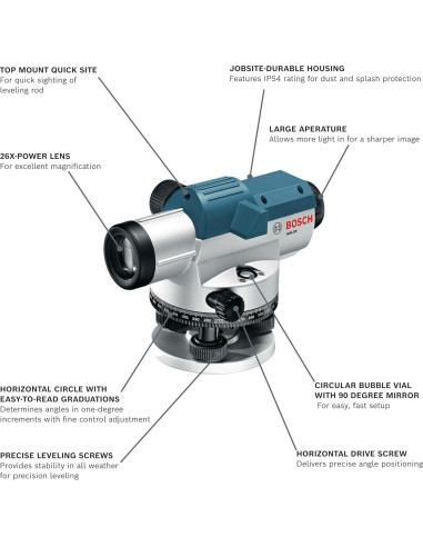 Nivel Óptico Automático Bosch GOL26CK 26x con Trípode y Varilla