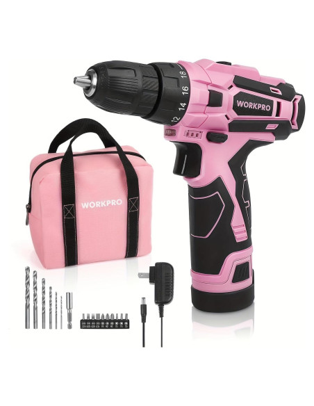 Taladro Inalámbrico WORKPRO 12V Rosa con Accesorios Taladro Inalámbrico WORKPRO 12V Rosa con Accesorios