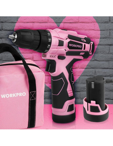 Taladro Inalámbrico WORKPRO 12V Rosa con Accesorios