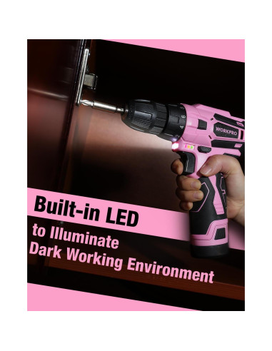 Taladro Inalámbrico WORKPRO 12V Rosa con Accesorios