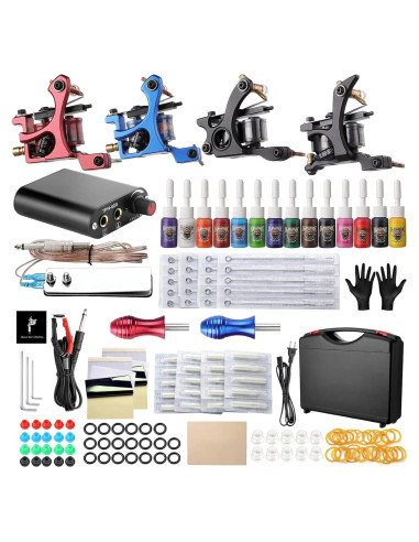 Kit Completo de Tatuaje Hawink 4 Máquinas 14 Tintas y Agujas