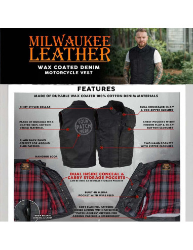 Chaleco de Motocicleta Milwaukee Leather MDM3030 Mezclilla Negra