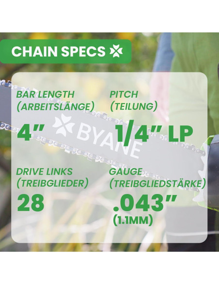 Cadena de Motosierra Mini Cortadora Byane 4" 1/4"LP .043 28 Eslabones