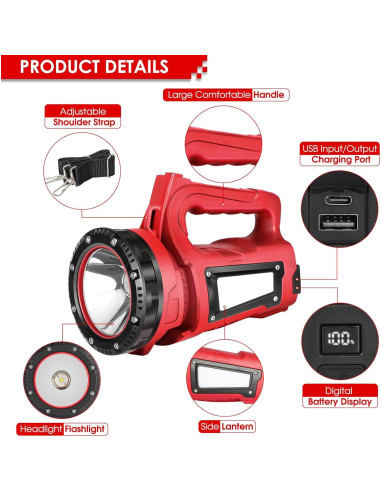 Linterna LED Recargable BOBKID 1000LM 7 Modos IPX4 Rojo