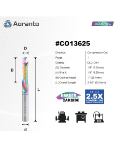 Fresa CNC Aoranto 1/4" Compresión Carburo 6.35mm x 25.4mm 2