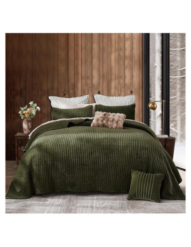 Colcha de Terciopelo SHALALA Queen Verde Militar 3 Piezas