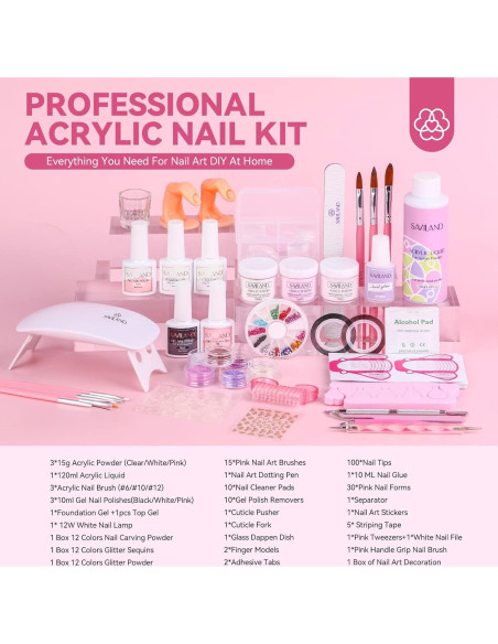 Kit de Uñas Acrílicas SAVILAND 92 Piezas con Lámpara UV