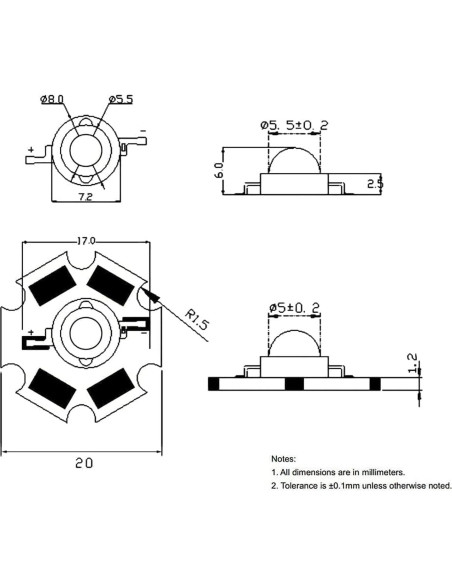 10 Lámparas LED Ultravioleta 3W TOPXCDZ 365nm 20mm PCB